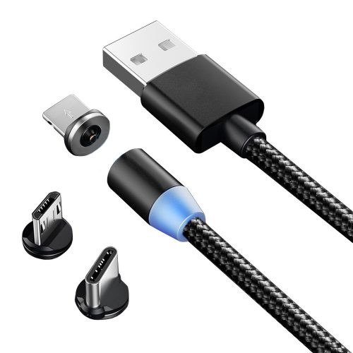 3 az 1-ben Mágneses Töltőkábel: Micro, Type-C, USB Lightning – 1m